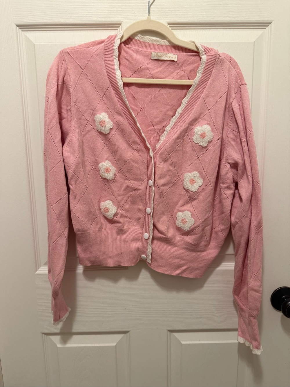 Classic Pink Floral Appliqué Cardigan Sweater